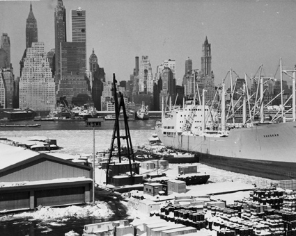 Probably very early in 1960, a freighter most likely Swedish (the name at the bow translates as â€œSea Skerryâ€) is seen from the Heights Promenade. This editorial proposes the endangered early oil tanker Mary A. Whalen be rescued by berthing it at one of the Heights piers as a history-evoking attraction of Brooklyn Bridge Park. Photo by Helge L. Krogius