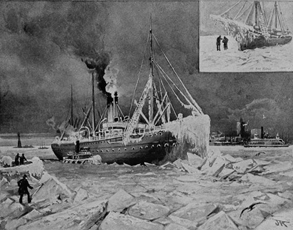 A boat cuts across an icy New York Harbor in January, 1893