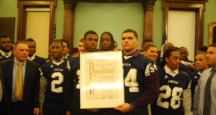 The 2011 PSAL football champions from Lincoln High School were honored with a ceremony and proclamation at City Hall on Wednesday afternoon.   