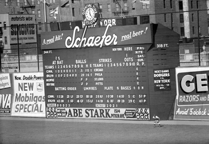 The scoreboard at Ebbets Field during a 1954 game against the Cincinnati Redlegs. Notice the Dodgers are up an astounding 20-5. AP