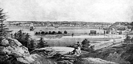 The Brooklyn shore is shown in 1820 from Red Hook Point.