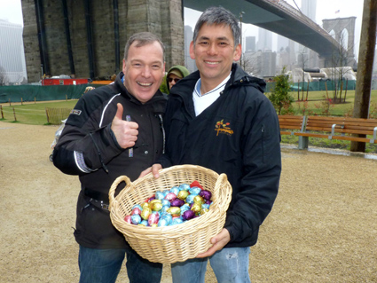Jacques Torres and partner Ken Goto handed out delicious chocolate eggs from Jacques Torres Chocolate.