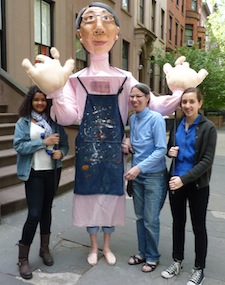 This towering puppet is an amazingly accurate replica of Saint Ann's puppet master Ronnie Asbell, standing next to it (wearing a blue shirt.)