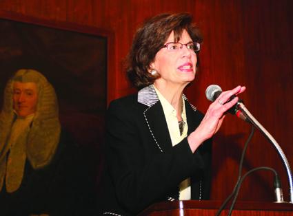 Brooklyn federal court Chief Judge Carol Bagley Amon speaks to the crowd on Wednesday night.