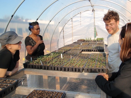 Farm crew: (left to right) Mara Gittleman, Desi Robinson, Andrew Casper, Prof. Babette Audant
