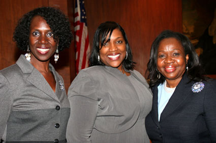 Betty Matondo (center), secretary to Kings County Administrative Judge Sylvia Hinds-Radix (right), was the other recipient of the Hon. Judge Nathan R. Sobel Award. Also pictured is Kings County Supreme Court Justice Sylvia Ash (left). 