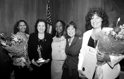Hon. Juanita Bing Newton, Hon. Carmen Beauchamp Ciparick, Hon. Sylvia Hinds-Radix, Hon. Deborah Kaplan and outgoing BWBA President Lisa Schreibersdorf.
