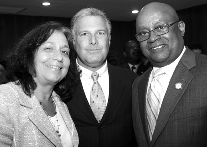 Kings County Supreme Court Civil Term First Deputy Chief Clerk Donna Farrell (left), attorney Gregory Cerchione (center), and New York Court of Appeals Judge Theodore Jones.