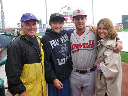Poly Prep 2007 grad Kevin Heller joins his family, Frank, Sean and Cathy on the field prior to Lowellâ€™s 9-1 win over the Cyclones.  Heller was drafted in the 40th round this season after completing his degree in economics from Amherst after spending the majority of the summer in the Red Sox Gulf Coast League in Fort Myers Florida.  In his Brooklyn debut playing right field, Heller went 2 for 4 with a double, single, scoring one run and committing one error.  