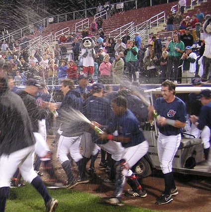 After beating the Cyclones 2-0 at Dutchess Stadium, the Hudson Valley Renegades celebrated winning their first playoff round after 13 years. Photo by Jim Dolan
