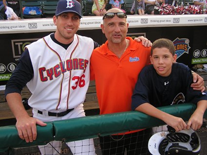 RHP Craig Hansen poses with Clubhouse Manager John Torres and his son Jordan.  Hansen, a 2006 draft pick for the Red Sox out of St. Johns, has been rehabbing with the Cyclones after a layoff from baseball.