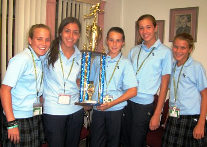 From left to right, Tessy Gallagher, Annaliese Tucci, Kaitlin Monahan, Kailey O'Grady and Jackie Gallagher helped Bishop Kearney's freshmen cross-country track team secure the second-place trophy at last weekend's 10th annual Villa Bear Invitational. Photo courtesy of Bishop Kearney Athletics