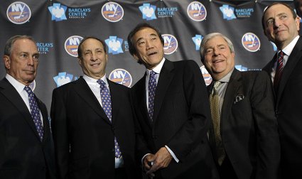  Mayor Michael Blomberg, Barclays owner Bruce Ratner, Islanders owner Charles Wang, Borough President Marty Markowitz and NHL Commissioner Gary Bettman were all on hand for Wednesday's historic announcement on the corners of Atlantic and Flatbush Avenues.  AP Photo