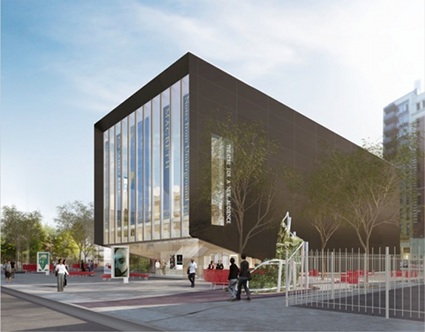 An architectural rendering of the theater building.  Rendering by Hugh Hardy