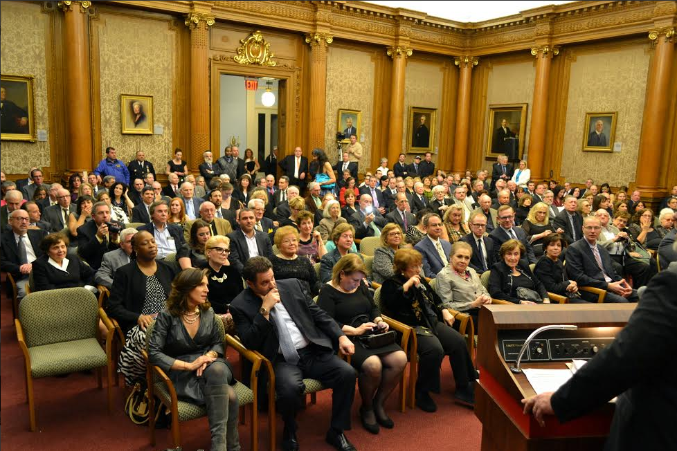 It was a standing room only crowd in the ceremonial courtroom as Rabbi Joseph Potasnik is honored at Borough Hall. Photo by Rob Abruzzese