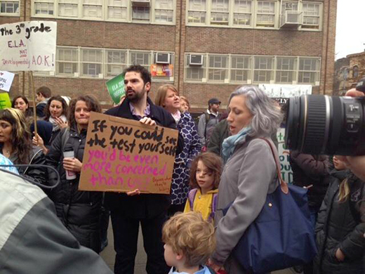 Teachers and parents at P.S. 321 in Park Slope protest tests.