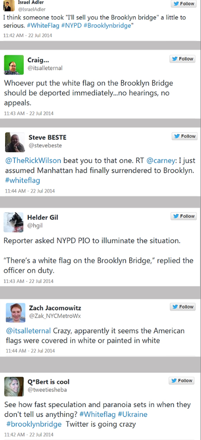 A Twitter roundup of the Brooklyn Bridge white flag story. Compiled by Matthew Taub, Brooklyn Brief