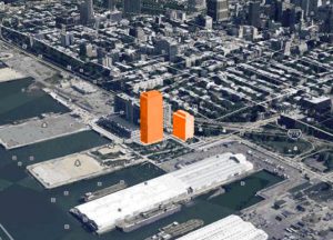 A rendering shows the relative position and mass of the proposed Pier 6 towers, though not their final shape.  Photo: Graphics by Save Pier 6 team, map copyright 2014 Google