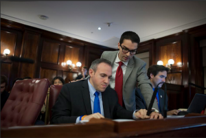 Council members Mark Treyger (seated) and Eric Ulrich want the city’s Department of Investigation brought into the Hurricane Sandy recovery process