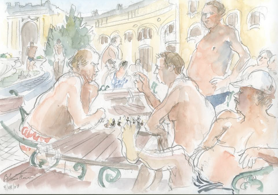Hank Blaustein’s watercolor, which will be shown at his upcoming exhibition, depicts chess players at the baths in Budapest