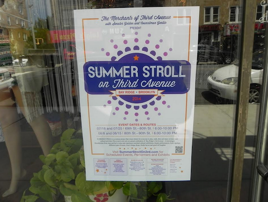 Signs like this one advertising the Third Annual Summer Stroll on 3rd can be found in store windows up and down the avenue