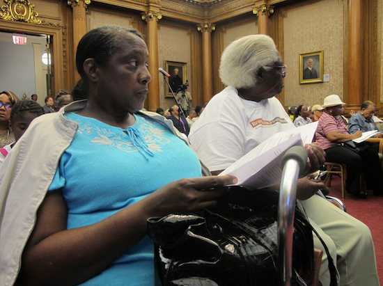 Yolanda Matthews and Blanche Peltonbusch at a hearing on Section 8 Housing, held at Borough Hall