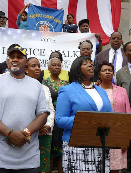 Latrice Walker (center, right) launched her bid for Brooklyn’s 55th-Assembly District seat at Brooklyn Borough Hall on Monday. The primary for state offices is Sept. 9 and the general election is Nov. 4. All four statewide offices (governor, lieutenant governor, attorney general and comptroller) and all state Senate and Assembly seats are up