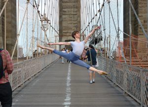 Janos Walleyn, a student at the Bolshoi Ballet Academy Summer Intensive, on the Brooklyn Bridge. Photo by Mary Frost