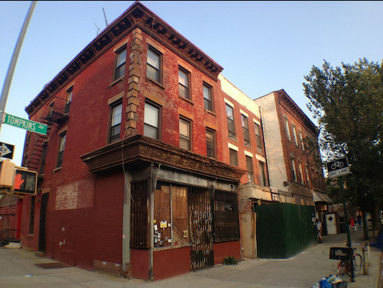 The building front and center in this photo is decrepit but charming 417 Tompkins Ave. in Bedford-Stuyvesant. Eagle photos by Lore Croghan