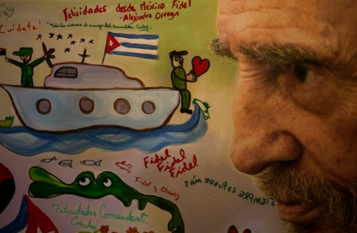 An image of Fidel Castro painted by Cuban children in honor of the former dictator's 88th birthday, which is today