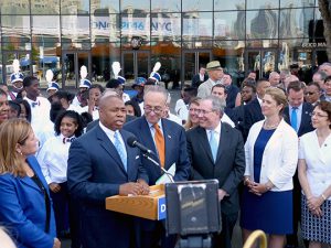 New York state and city officials kick off the push for the 2016 Democratic National Convention at Barclays Center in Brooklyn. Photo by Mary Frost