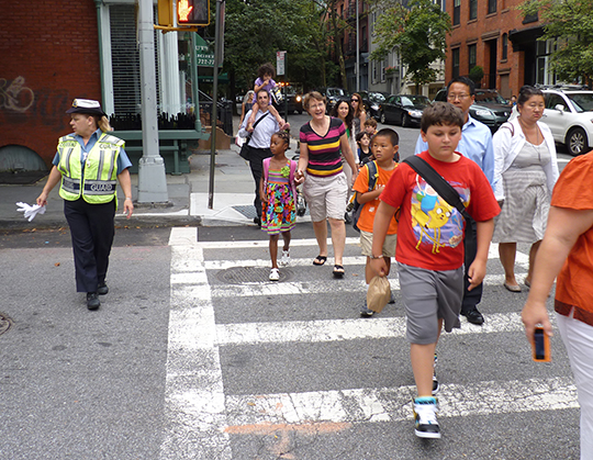 Students walk to P.S. 8 in Brooklyn Heights. Photo by Mary Frost