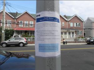 Fliers like this one on a street pole on 16th Avenue serve to warn the public about the possible dangers stemming from the rabies-infected raccoon. Eagle photo by Paula Katinas