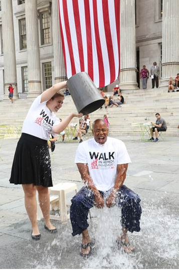 Borough President Adams takes on the Amyotrophic Lateral Sclerosis (ALS) Ice Bucket Challenge. Photo Credit: Kathryn Kirk/Brooklyn BP’s Office