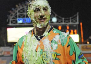 Michael Conforto gets a couple of pies to the face after helping Brooklyn to a critical 3-2, 11-inning win over Staten Island at Coney Island’s MCU Park on Wednesday night.