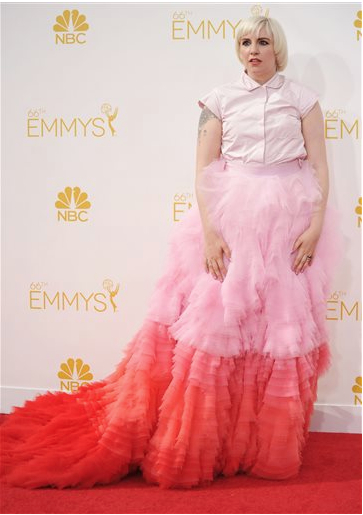 Lena Dunham arrives at the 66th Annual Primetime Emmy Awards at the Nokia Theatre L.A. Live on Monday in Los Angeles. Photo by Richard Shotwell/Invision/AP