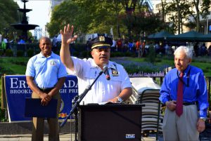NYPD Captain Maximo Tolentino (center) will leave the 84th Precinct after nearly two years on the job as top cop in the Brooklyn Heights, Boerum Hill, Downtown Brooklyn, DUMBO and Vinegar Hill area. Eagle photo by Rob Abruzzese.
