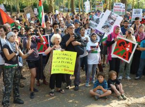 Hundreds rallied for Palestine in Cadman Plaza Park before marching over the Brooklyn Bridge. Photo by Mary Frost