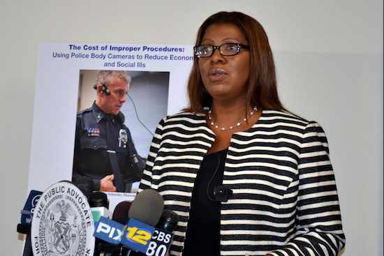 Public Advocate Letitia James wears a body camera that is smaller than a playing card. She hopes to equip 15 percent of the NYPD with similar cameras as part of a pilot program that will cost $5 million and will include four Brooklyn precincts. Eagle photo by Rob Abruzzese.