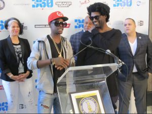 V Cha$e, left, of the rap group Cheer$ Club, talk about the upcoming festival at Borough Hall.