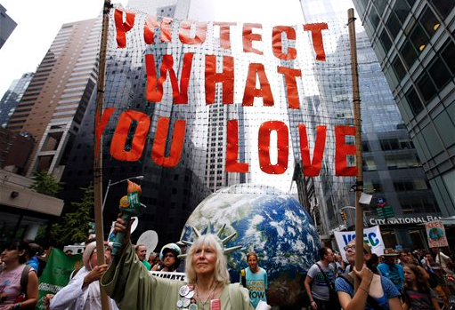 Climate Change protestors march in New York City on Sunday.