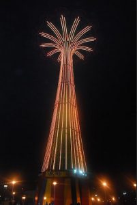 Lit up in all its golden glory, the Coney Island Parachute jump became part of the Go Gold for Cancer effort on Sept. 5.
