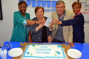 Catherine Murray, Marie Giaimo, Joseph G. Kiefer and Carmen Calderon have been devoted customers of the Dime Savings Bank for at least 35 years, and were invited to its Williamsburg branch to celebrate the bank’s 150th anniversary.