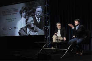 Author Geoffrey C. Ward, left, and director/producer Ken Burns speak on stage during the “The Roosevelts: An Intimate History” panel at the PBS 2014 Summer TCA held at the Beverly Hilton Hotel this past July in Beverly Hills, Calif.