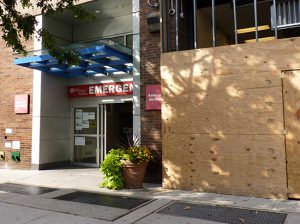 Long Island College Hospital ER entrance boarded up. Photo by Mary Frost