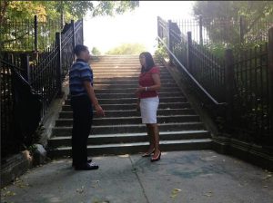 Assemblywoman Nicole Malliotakis speaks to her intern, Greg Copolla, during an inspection visit she paid to the 76th Street step street last week. The city’s Department of Transportation has started a repair project to address safety issues on the staircase.