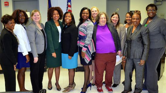 Members of the court’s gender fairness committee are shown from left: Hon. Ingrid Joseph, Renee WIlliams, Abbie Tuller, Hon. Carolyn Wade, Turquoise Haskin, Hon. Genine Edwards, Hon. Pamela Fisher, Hon. Carol Fineman, Lena Ferrera, Tyedanita McLean, District Leader Hon. Melba Brown and Assemblymember elect Roxanne J. Persaud. Eagle photo by Rob Abruzzese