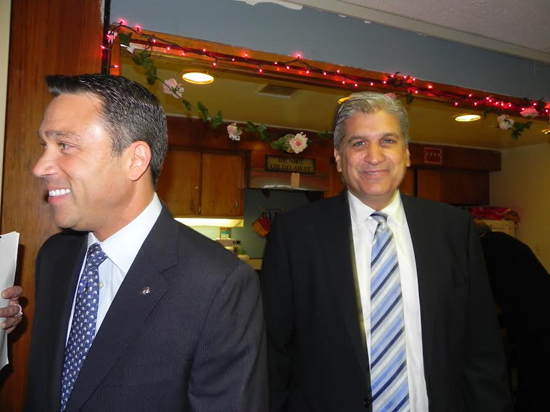 U.S. Rep. Michael Grimm (left) and Democratic challenger Domenic Recchia enter the debate hall for the Bay Ridge Council on Aging debate. It might turn out to be to be the last time voters on the Brooklyn side of the congressional district get to see the two candidates go head to head.