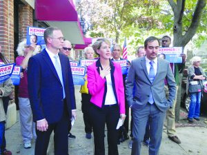 Former gubernatorial candidate Zephyr Teachout came to Bay Ridge Wednesday to endorse fellow Democrat Jamie Kemmerer (left) for state senate. At right is Tim Wu, who ran for lieutenant governor. He also endorsed Kemmerer.