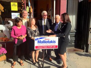 Assemblymember Nicole Malliotakis (right), running for a third term in office, has been endorsed a national group representing small business owners. She recently met with business owners in Bay Ridge to discuss economic issues.